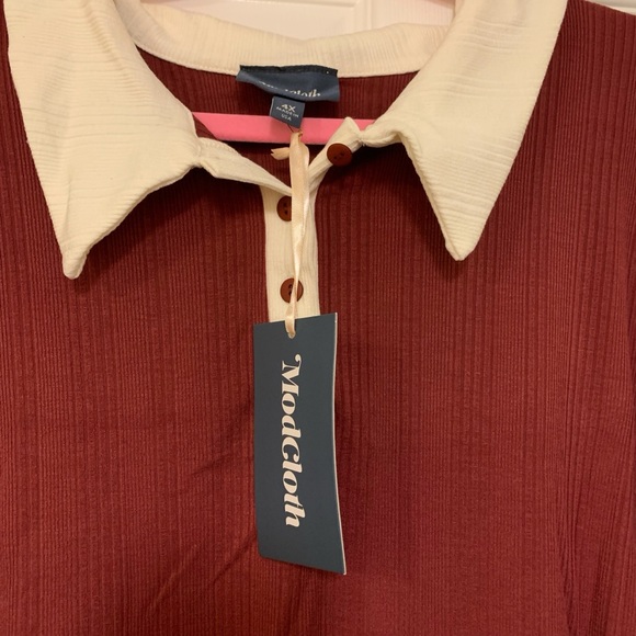 NEW ModCloth 4X One More Time Ribbed Polo Top, Short Sleeve, Burgundy Red - Picture 8 of 15